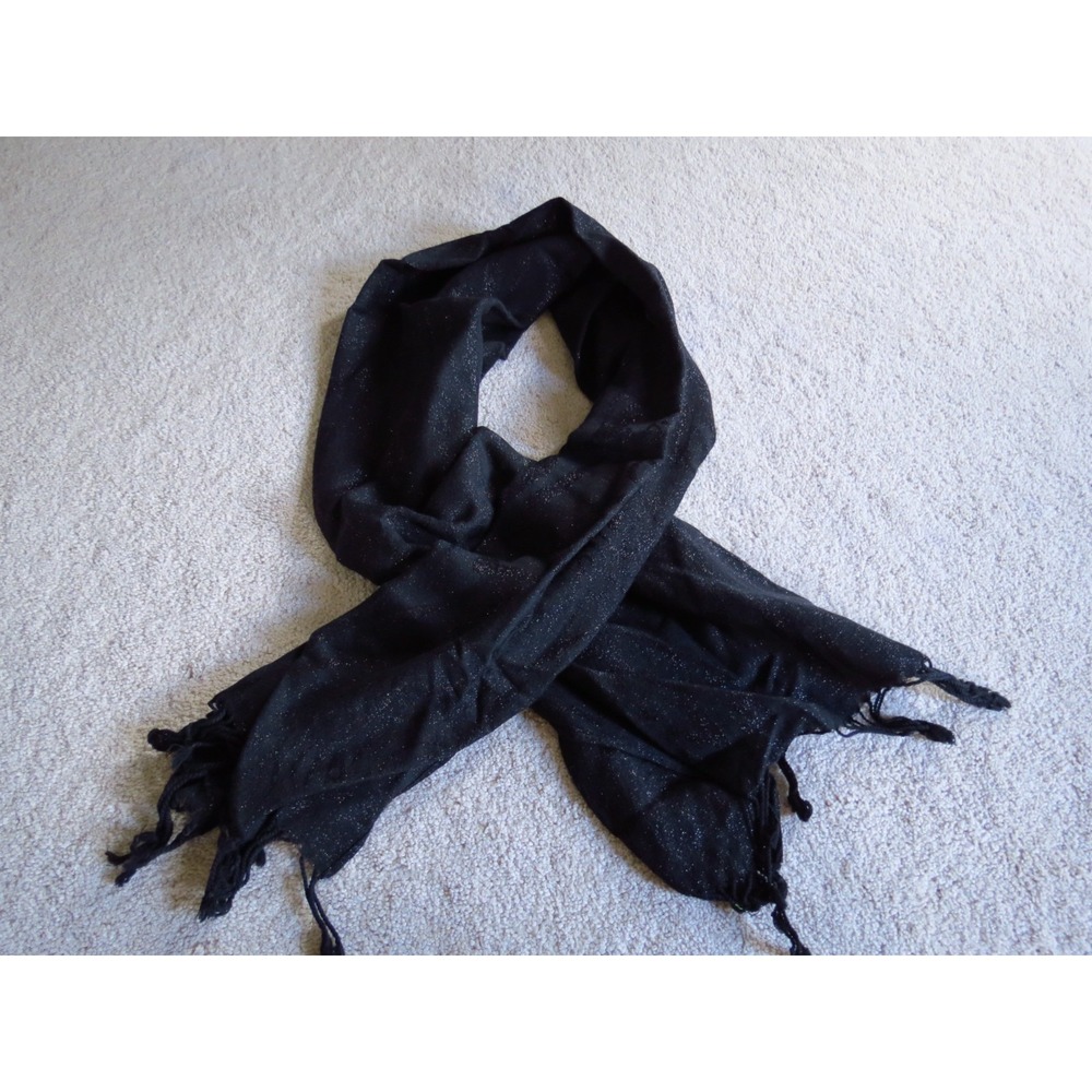 Lilly Pulitzer Murfee Wool Blend Solid Black Metallic Fringe Scarf Wrap Shawl